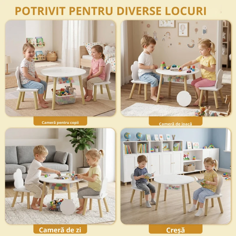 AIYAPLAY Masă pentru copii cu scaune și spațiu de depozitare, set de mobilier pentru copii 3 piese în alb și natural pentru camera de joacă și dormitor