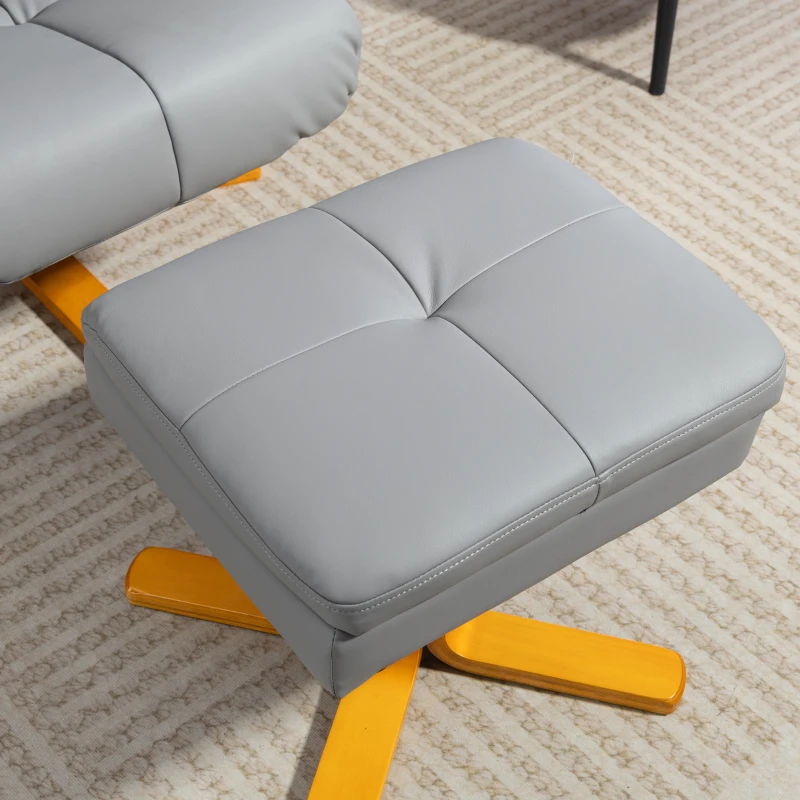 HOMCOM PU Leather Swivel Recliner Chair with Footstool, Wooden Base and Storage for Living Room, Light Grey