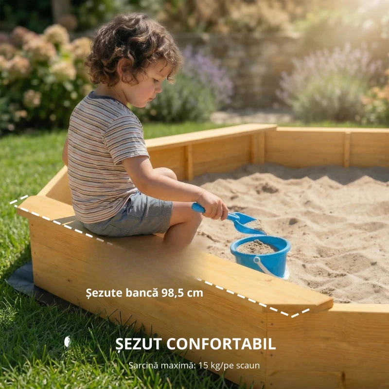 AIYAPLAY Ladă cu nisip din lemn cu copertină, ladă cu nisip pentru copii pentru exterior cu 4 bănci, căptușeală de fund, galben