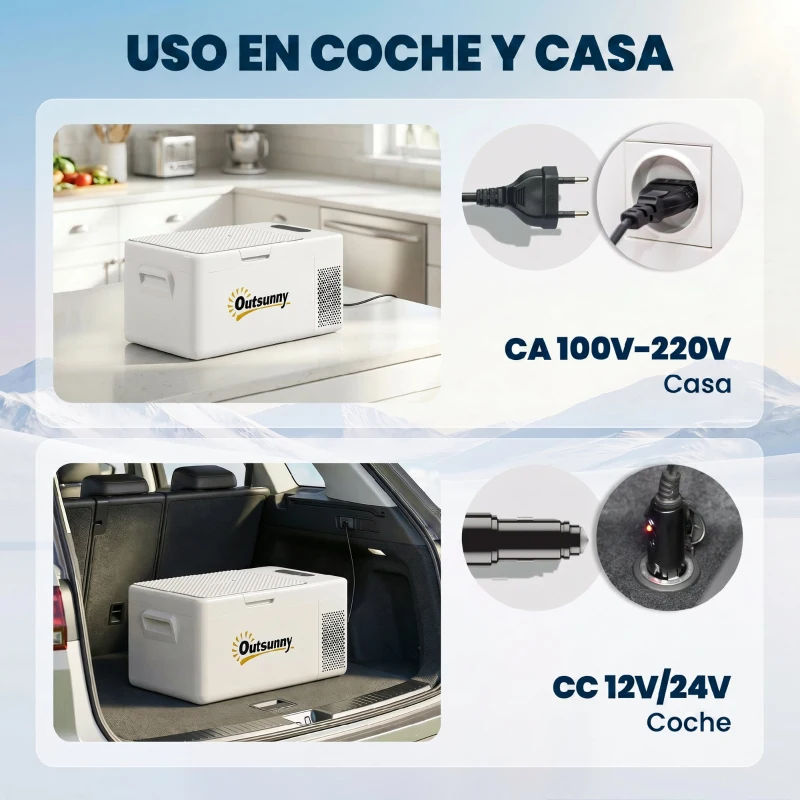 Outsunny Nevera Portátil Eléctrica 16,8L Refrigerador de Coche 12/24/220V -20℃ a +20 ℃ con Pantalla Luz LED 59x32x28 cm Blanco