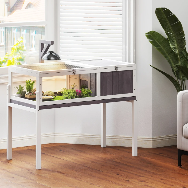 PawHut Wooden Tortoise House with Dual-Zone Habitat, Clear Panels, Openable Top, Metal Mesh, for Tortoises and Small Pets, Grey