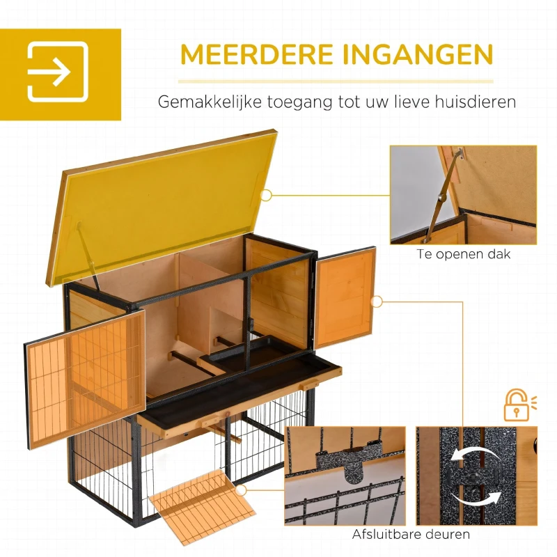 PawHut Konijnenhok verhoogde huisdierenhuisje kooi met afsluitbare deur hout-metaal lichtgeel 89,5 x 45 x 81 cm