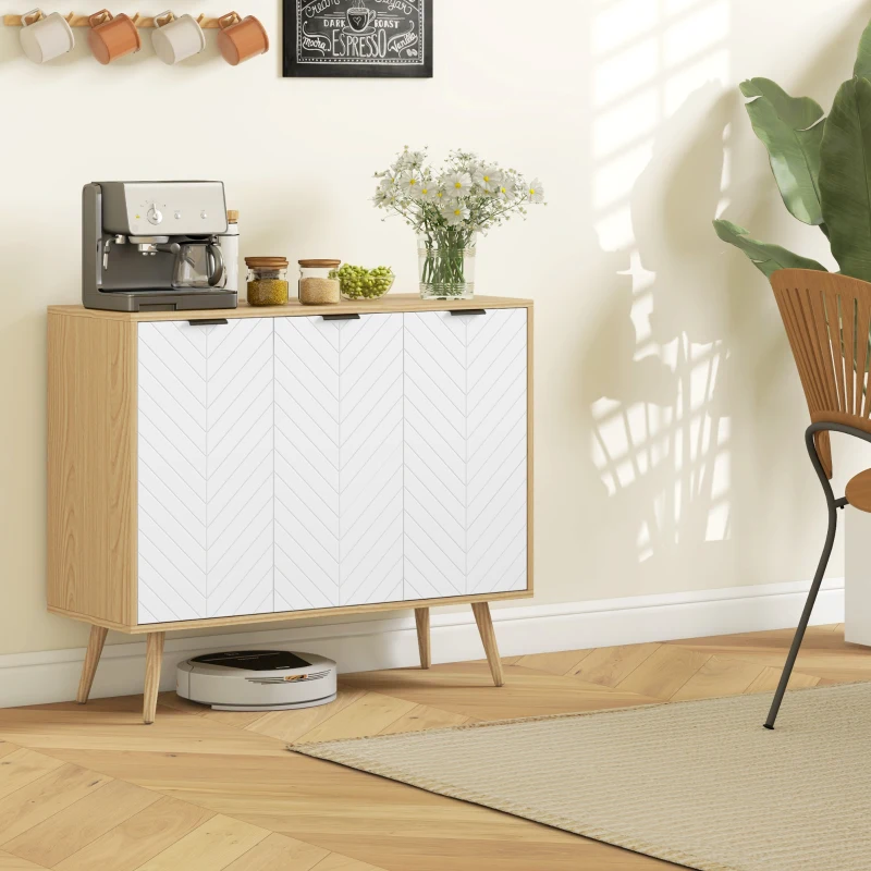 HOMCOM Buffet bas meuble de rangement 2 placards 3 portes motif chevrons étagères réglables 91,5 x 35 x 77,4 cm bois naturel
