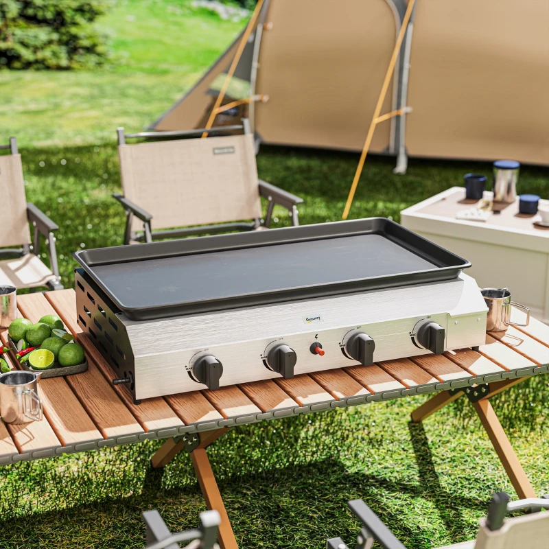 Outsunny Gasbarbecue met 8000BTU/2,4 KW, Grillwagen incl. 4 Roestvrijstalen Branders, Drukregelaar 77 x 44,5 x 19 cm Zilver+Zwart