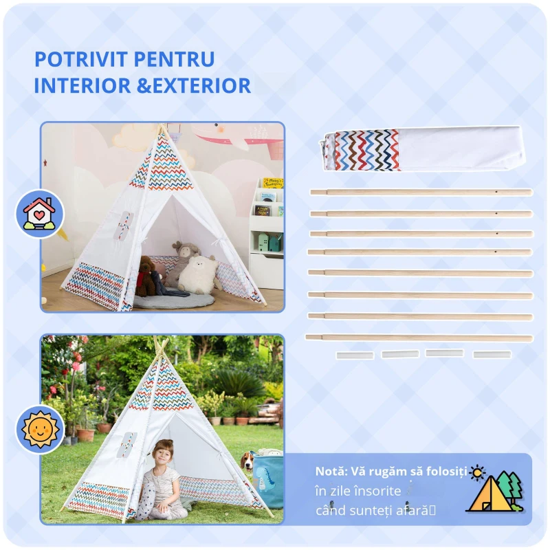 HOMCOM Cort pentru Copii de +3 Ani Tipi Infantil de Lemn Portabil cu Fereastră pentru Interior și Exterior 120x120x155 cm Alb