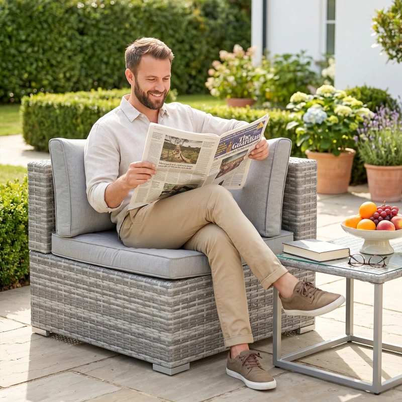 Outsunny Outdoor PE Rattan Corner Sofa, Garden Wicker Furniture Single Sofa Chair w/ Cushions, Light Grey