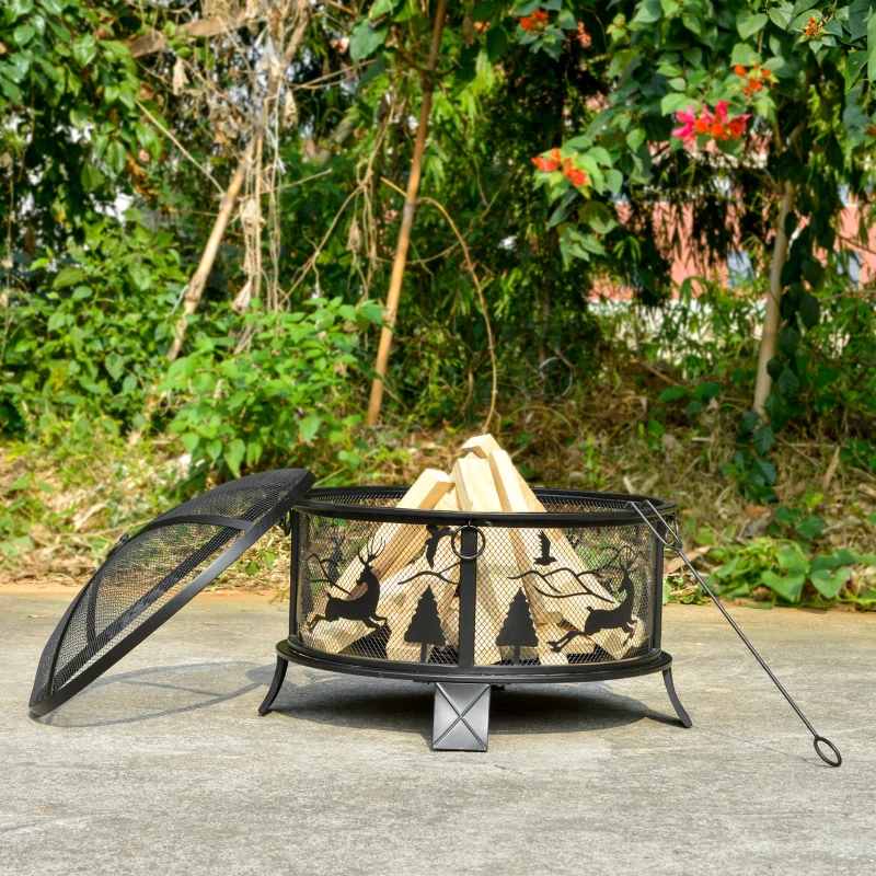 Outsunny Feuerschale Feuerkorb mit Funkenschutz 60 cm Feuerstelle für Garten rund Schwarz