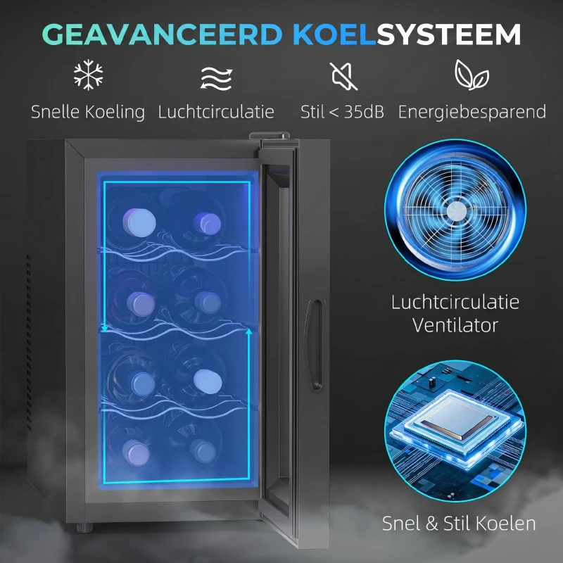 HOMCOM Wijnkoeler voor 8 flessen, 21L, thermo-elektrisch, verstelbare rekken, LED-verlichting, zwart
