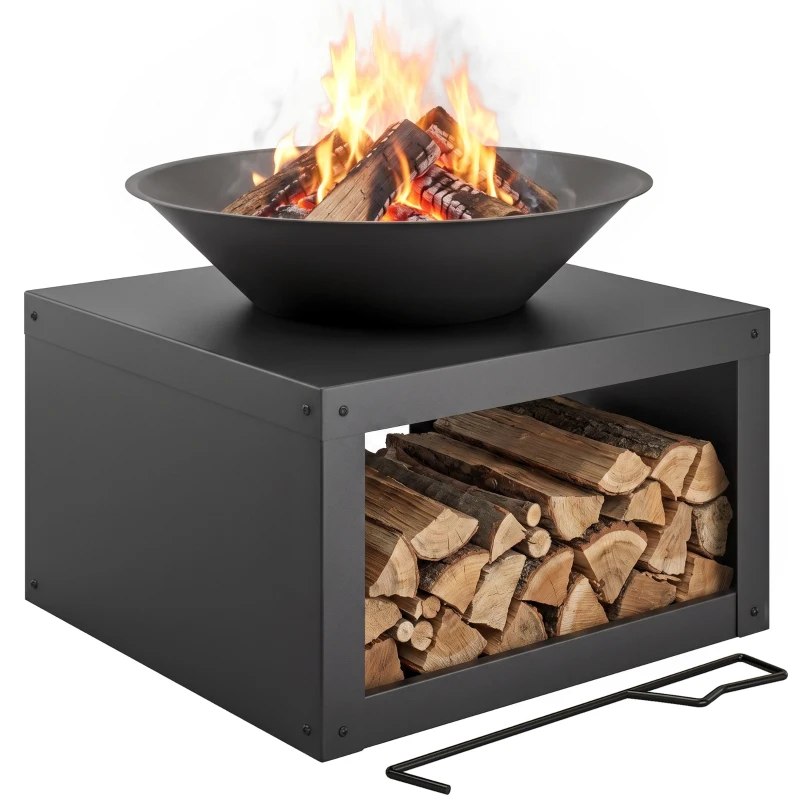 Outsunny Focar Ø59 cm cu raft pentru lemne, cârlig, utilizabil cu lemne și cărbune, rotund, Negru