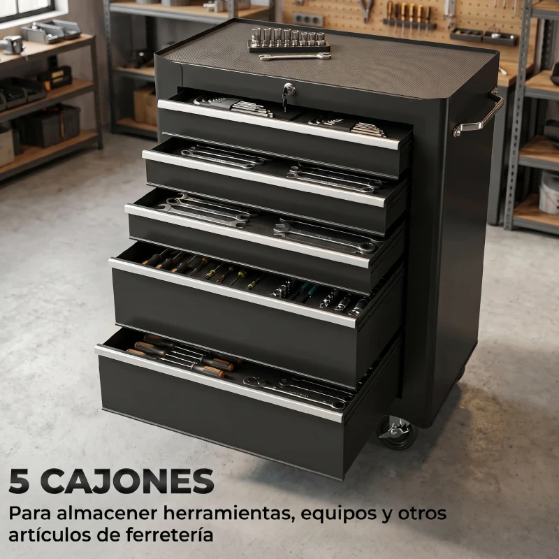 HOMCOM Carro de Herramientas para Taller con Ruedas 5 Cajones Armario con Cierre y Asa Lateral 61,5x33x82,5 cm Negro
