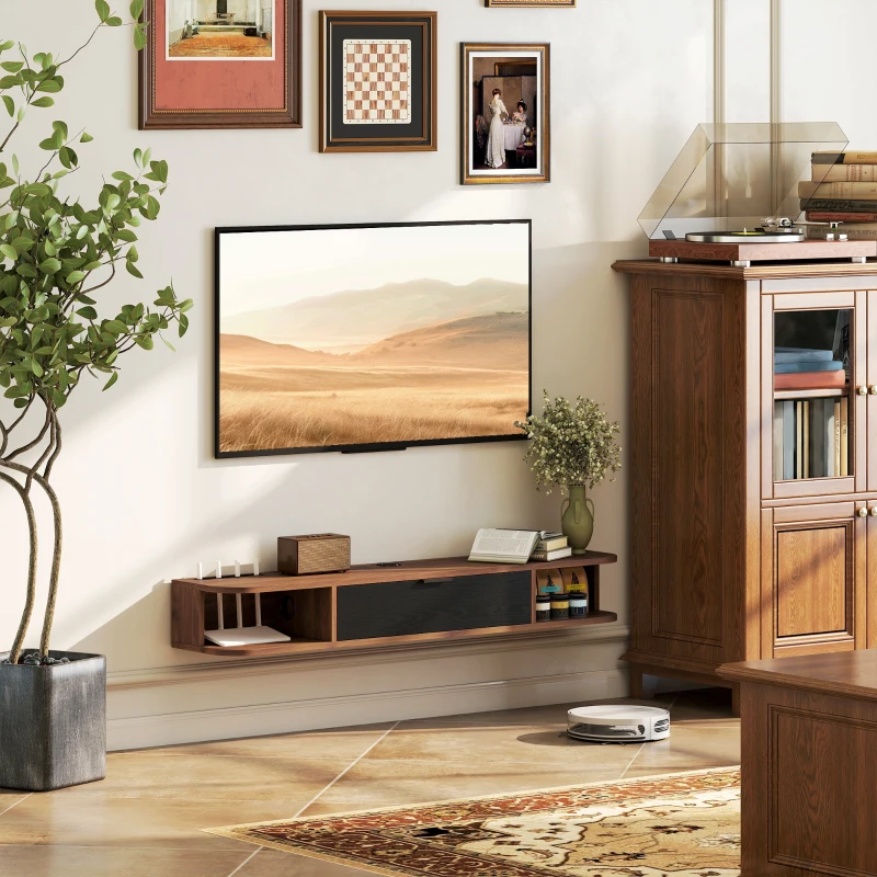 HOMCOM Meuble TV Suspendu, Meuble Télé pour Téléviseur jusqu'à 50 Pouces, Tiroir Rabattable, 2 Étagères, 120x24x16cm, Noyer