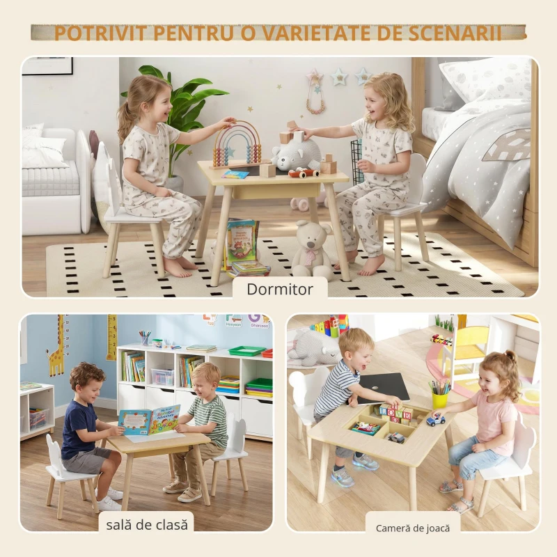 AIYAPLAY Masă pentru copii cu 2 scaune, set de mobilier pentru copii cu depozitare și spătar în formă de ursuleț pentru copii 3-6 ani, lemn natural