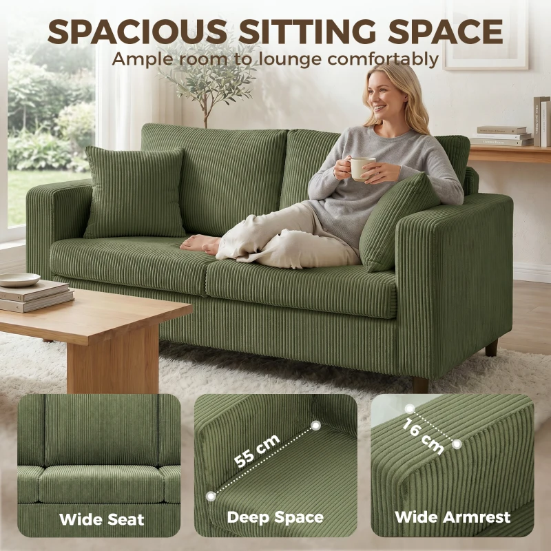 HOMCOM Loveseat Sofa with Wide Seat, Corduroy 2 Seater Couch with Deep Seat, Spring Cushion, Green