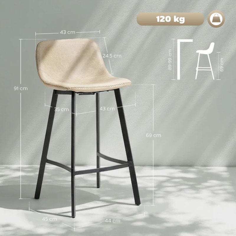 HOMCOM Bar Stools Set of 2, PU Leather Dining Stools with Backrest, Footrest, Light Brown