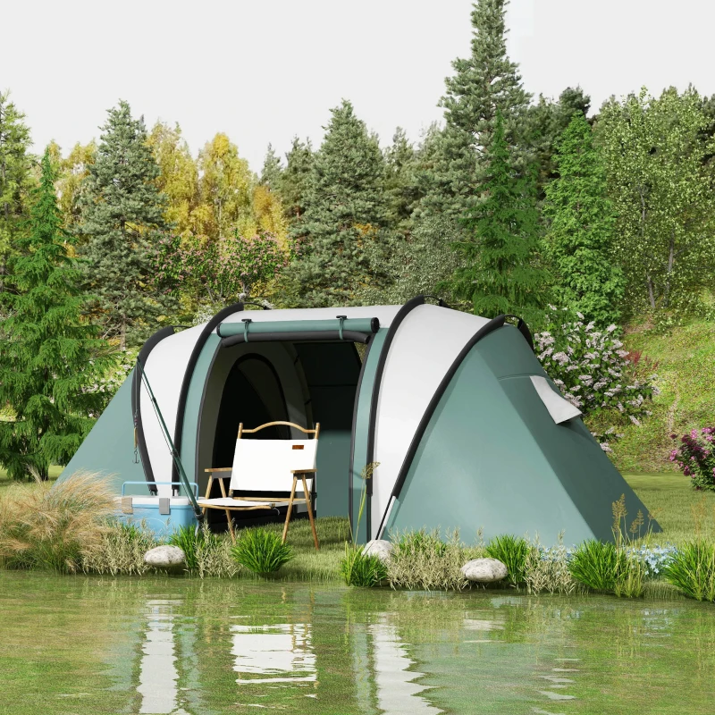 Outsunny Lichtgewicht Waterafstotende Campingtent voor 4-5 Personen met 3 Kamers, Zijdeur en Ramen in Donkergroen