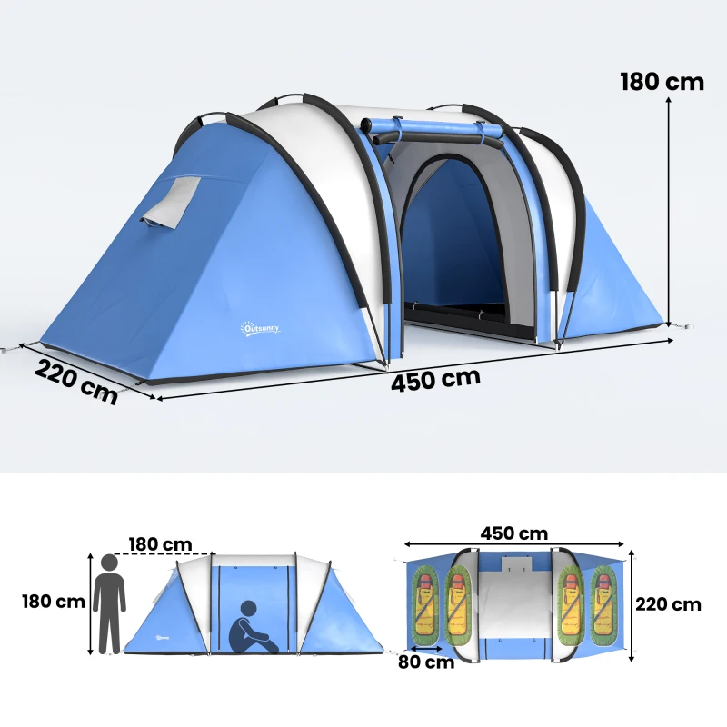 Outsunny Tenda da Campeggio 2 Posti Impermeabile con 2 Stanze Borsa di Trasporto, 220x450x180 cm, Blu
