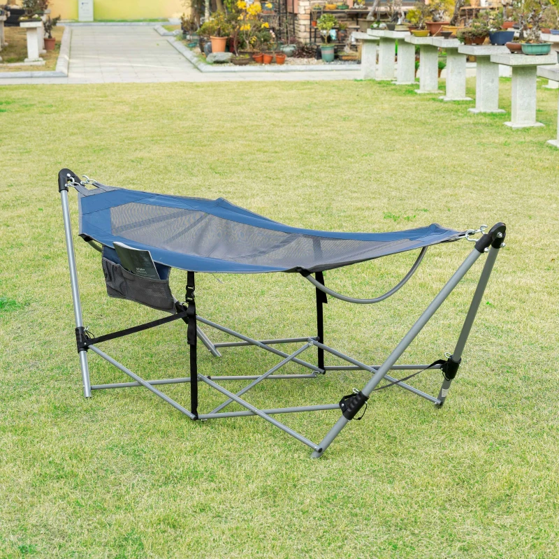 Outsunny Rede de Jardim com Suporte Dobrável com Cama de Tecido Oxford e Malha Respirável Bolso de Armazenagem e Bolsa de Transporte 235,5x82x90,5cm Azul e Prata