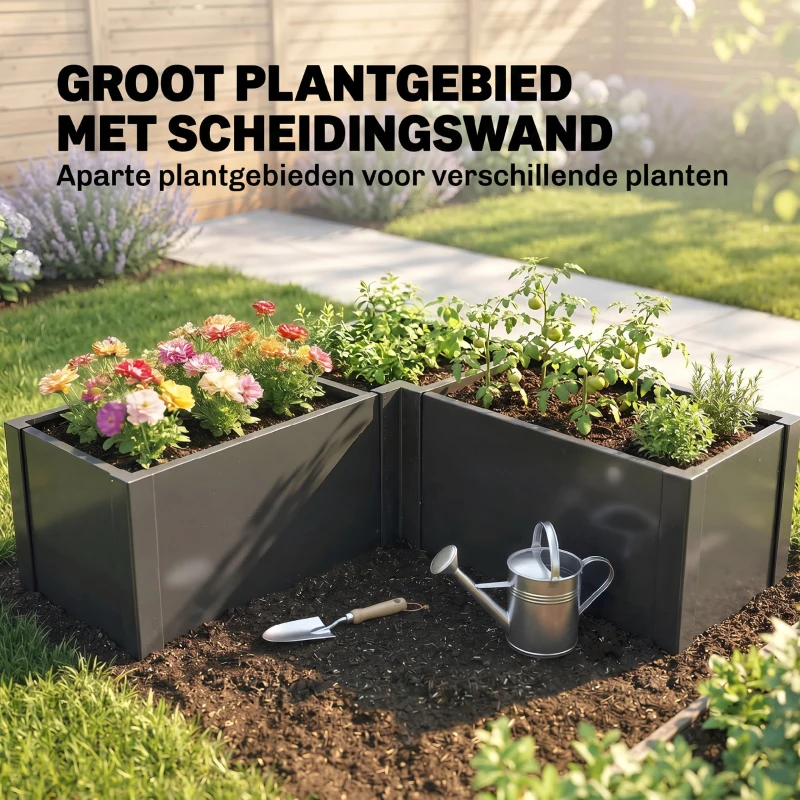 Outsunny L-vormig verhoogd bed, weerbestendig plantenbak van verzinkt staal 150 x 150 x 55 cm zwart