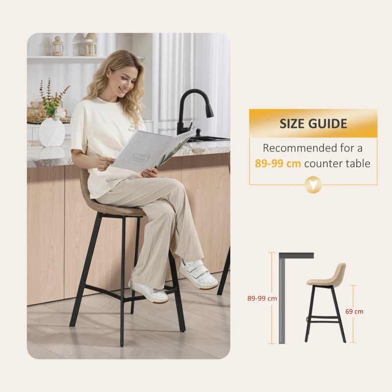 HOMCOM Bar Stools Set of 2, PU Leather Dining Stools with Backrest, Footrest, Light Brown