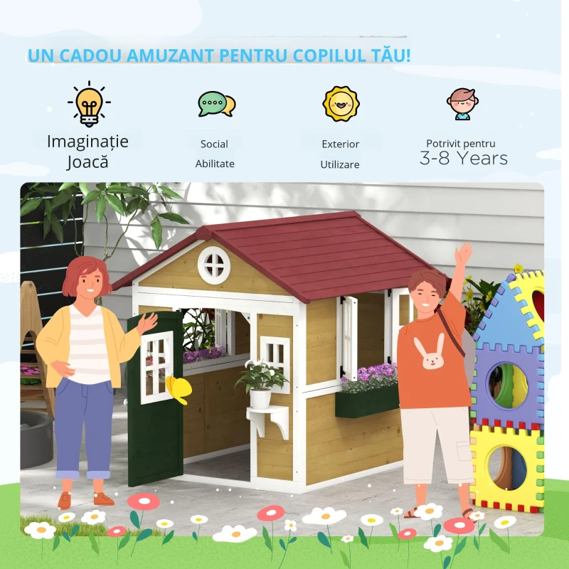 Outsunny Căsuță de exterior pentru copii, casă de joacă exterioară cu ușă, ferestre și jardiniere 114 x 126,4 x 135 cm bej