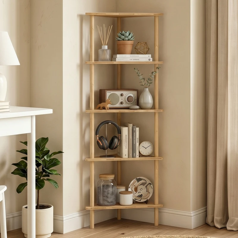 HOMCOM Scaffale Angolare a 5 Ripiani in Bambù, 41.5x21.5x114 cm, Legno