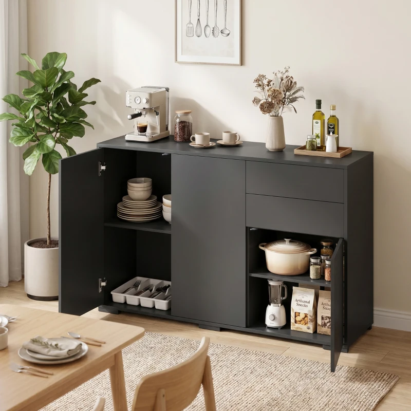 HOMCOM Mobile buffet con 2 cassetti, 3 ante e ripiano regolabile, 117x36x74 cm, nero