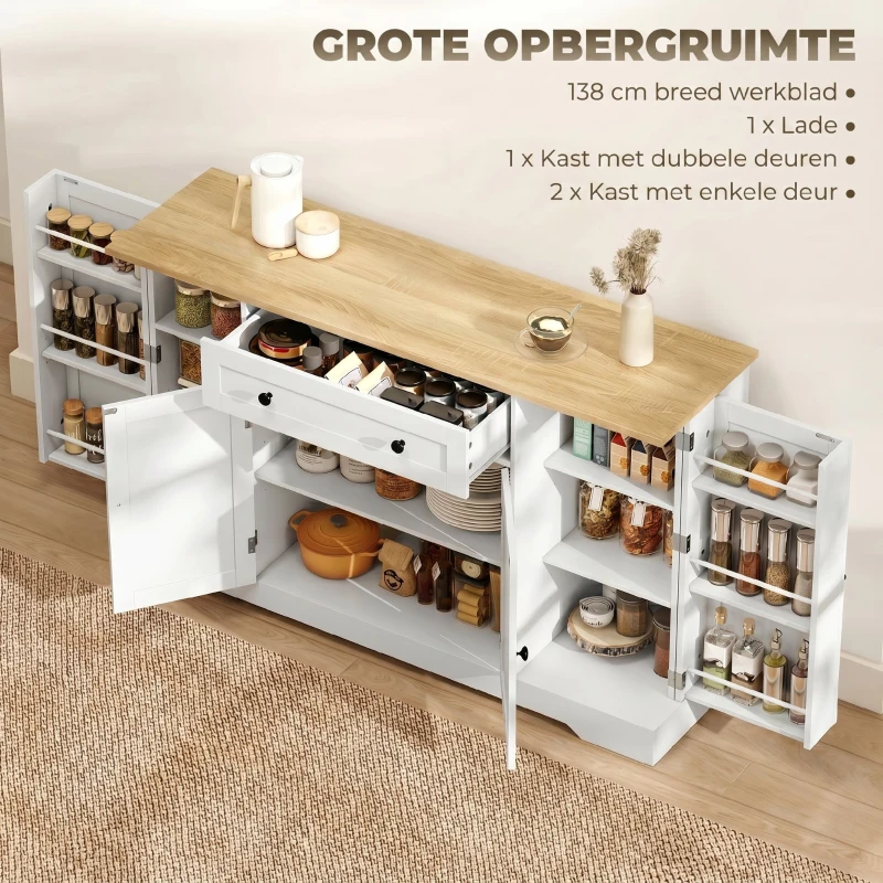 HOMCOM Sideboard keukenkast met 4 deuren, lade, verstelbare plank, deurplanken voor keuken, eetkamer, 138x40x85cm, wit