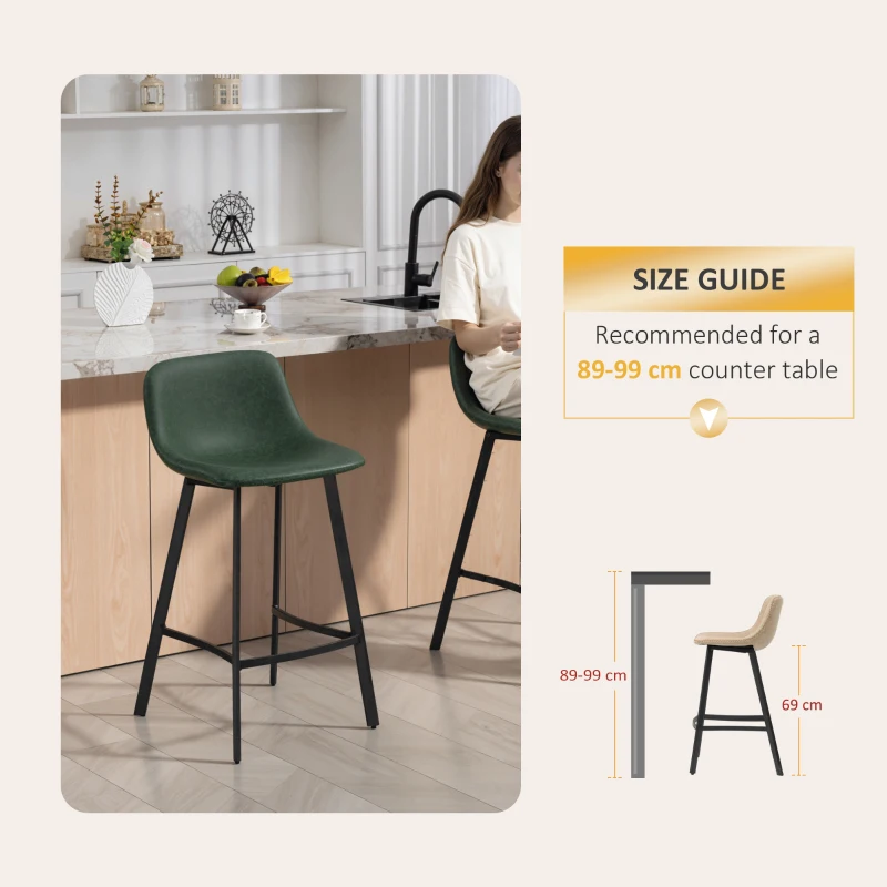 HOMCOM Bar Stools Set of 2, PU Leather Dining Stools with Backrest, Footrest, for Kitchen, Counter, Breakfast Bar, Green