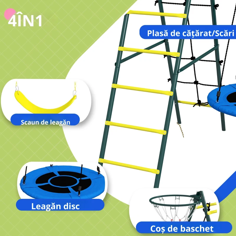 Outsunny Leagăn pentru copii 4 în 1 cu Leagăn tip Cuib și individual Plasă de cățărat Coș de baschet Scară Galben
