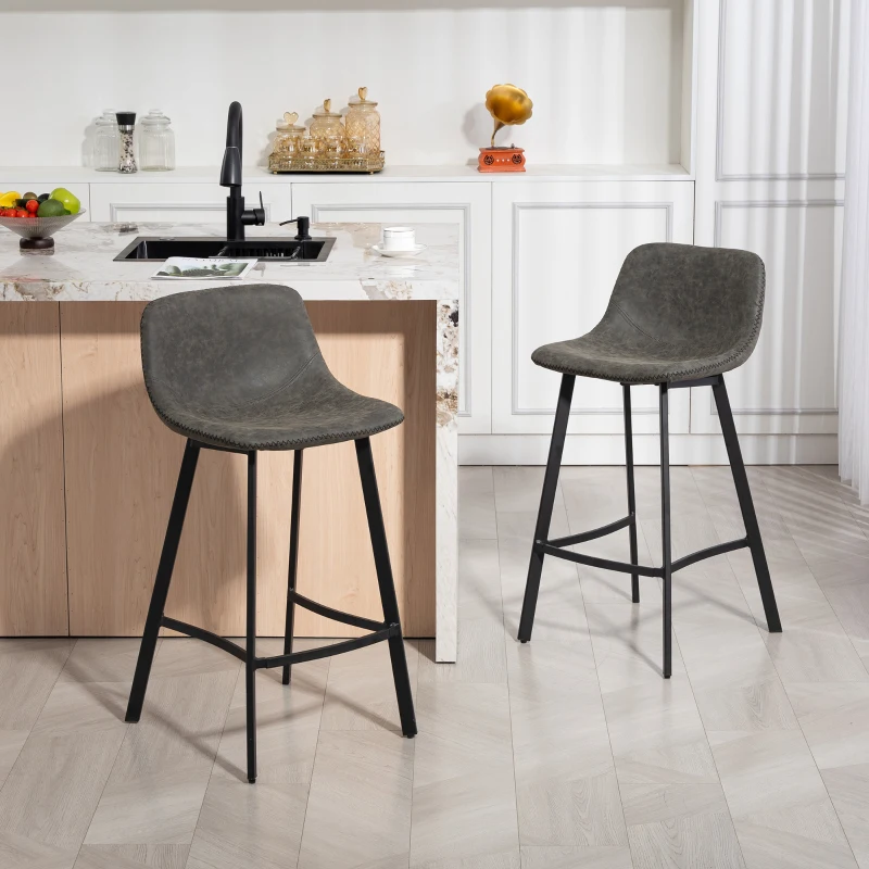 HOMCOM Bar Stools Set of 2, PU Leather Dining Stools with Backrest, Footrest, for Kitchen, Counter, Breakfast Bar, Grey