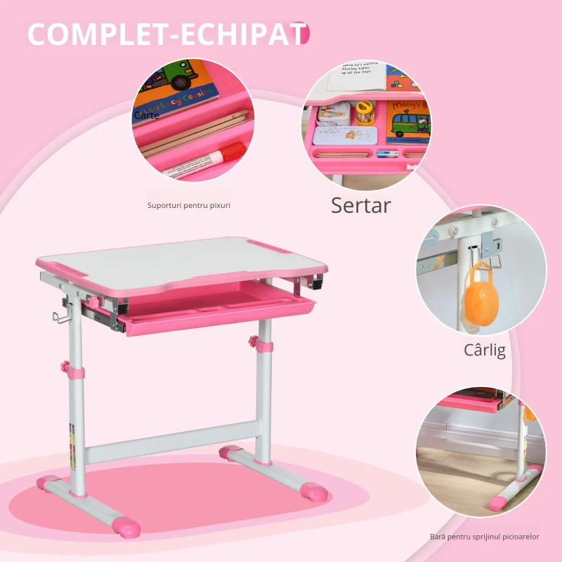 HOMCOM Set Masă și Scaun pentru Copii Reglabilă pe Înălțime, cu Blat Înclinabil 45°, 66x47x52-77 cm, Roz