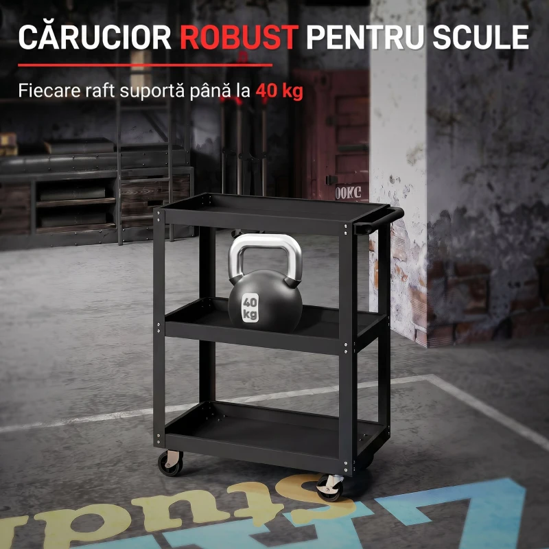 HOMCOM Cărucior pentru Scule cu 3 Rafturi cu Margini Înalte, 70,5x35x82,5 cm, Negru