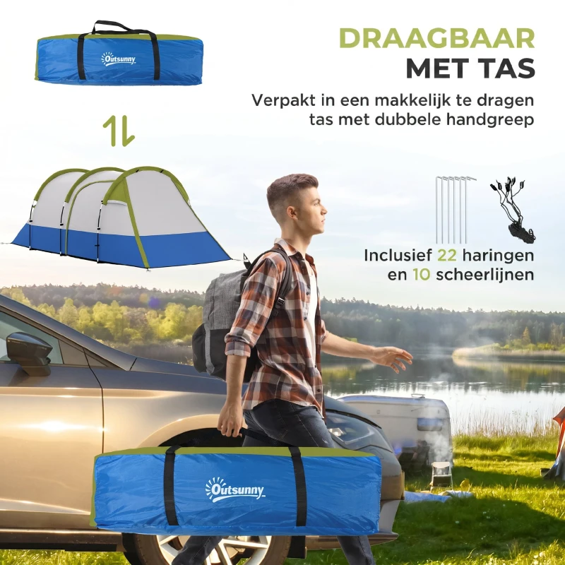 Outsunny campingtent, voor 3 personen, lamphaak, drie ingangen, waterdicht, groen