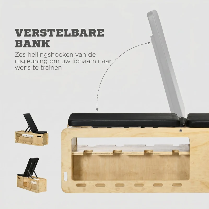 HOMCOM Halterbank met halterrek, 1 opbergmand, verstelbaar in 6 posities, massief hout, naturel + zwart(m-5)