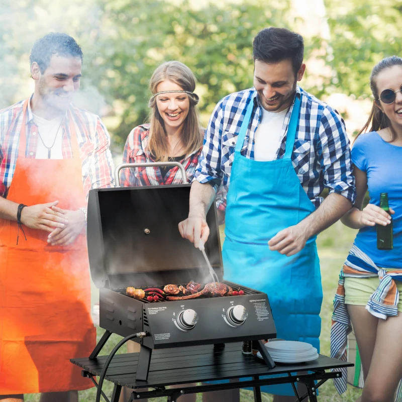 Outsunny tafelgrill gasgrill BBQ met 2 branders mobiele grillwagen grillnet klein buitentafel gasgrill picknick met reduceerslang RVS zwart 55 x 46.5 x 41 cm
