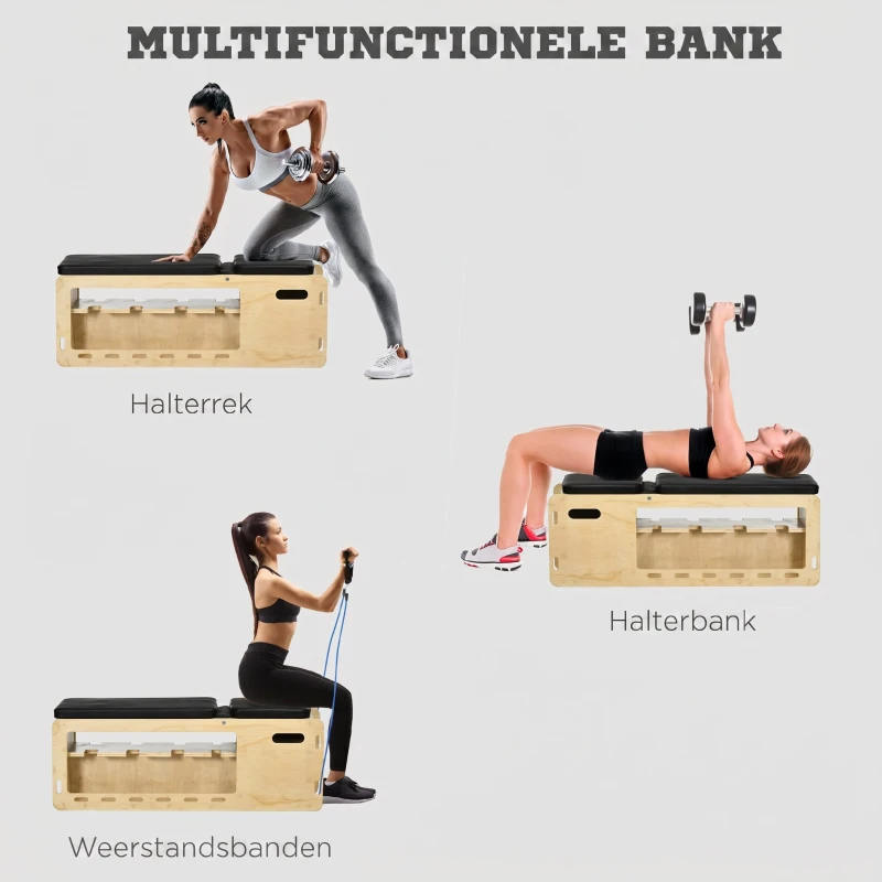 HOMCOM Halterbank met halterrek, 1 opbergmand, verstelbaar in 6 posities, massief hout, naturel + zwart(m-4)