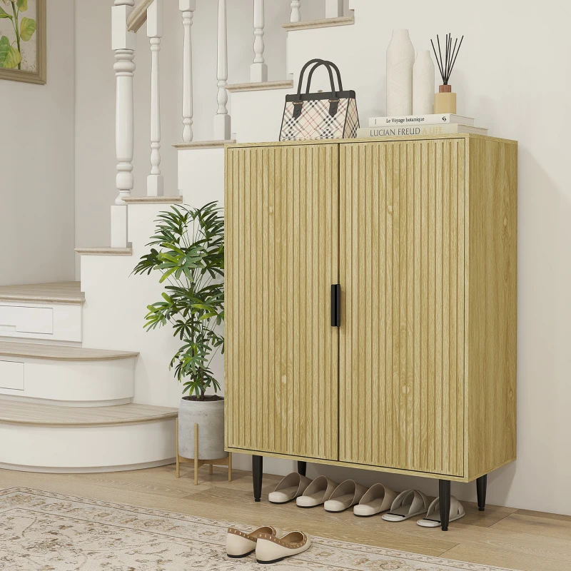 HOMCOM Meuble à Chaussures 15 Paires, Armoire à Chaussures 5 Niveaux avec Étagères Réglables, 2 Portes et Pieds en Métal, Chêne