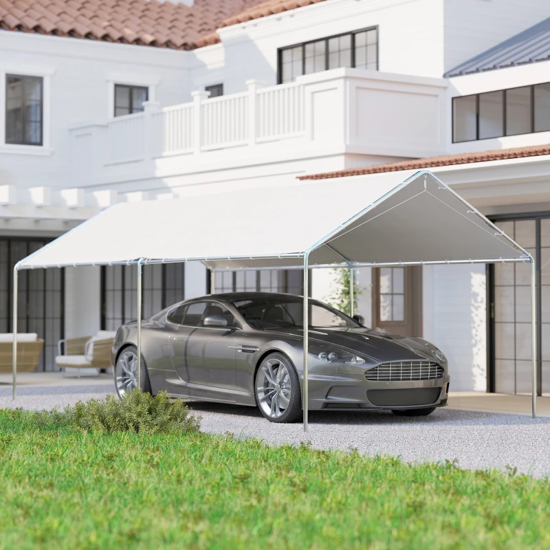 Outsunny Carpa Garaje para Coche 3x6 m Cochera Portátil Impermeable con Toldo de Tela PE y Marco de Acero Galvanizado Blanco