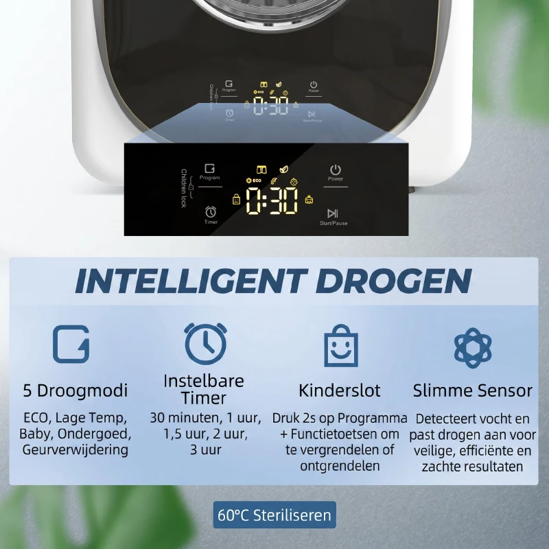 HOMCOM 4 kg wasdroger, compact ontwerp, 5 modi, timer, Wit+Zwart(m-4)