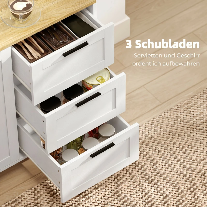 HOMCOM Modernes Sideboard mit Soft-Close-Türen, Kaffeebar-Schrank mit 3 Schubladen und verstellbarem Einlegeboden, Weiß