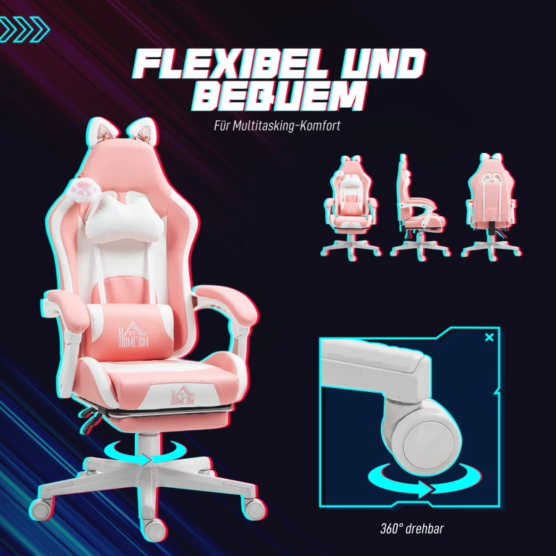 HOMCOM Gaming-Sessel mit Katzenohren, neigbare Lehne, ausziehbare Fußstütze, bis 120 kg, Rosa/Weiß