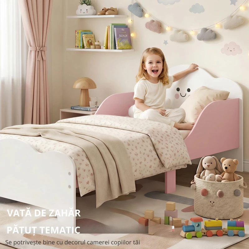AIYAPLAY Pat Montessori pentru Copii 3-6 Ani din Lemn cu Laterale Ridicate și Imprimeuri Drăguțe pentru Cameră, MDF, Roz