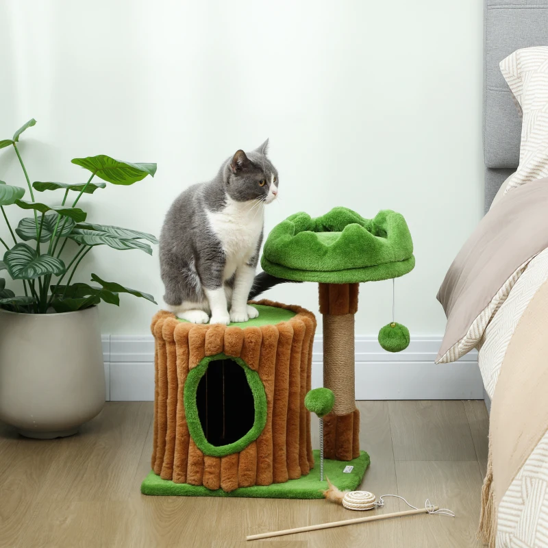 PawHut Kratzbaum 53 cm hoch Katzenbaum mit Höhle, Baumstamm-Design, Jutestämme, 2 Bälle  für 1-2 Katzen unter 5 kg, Braun+Grün