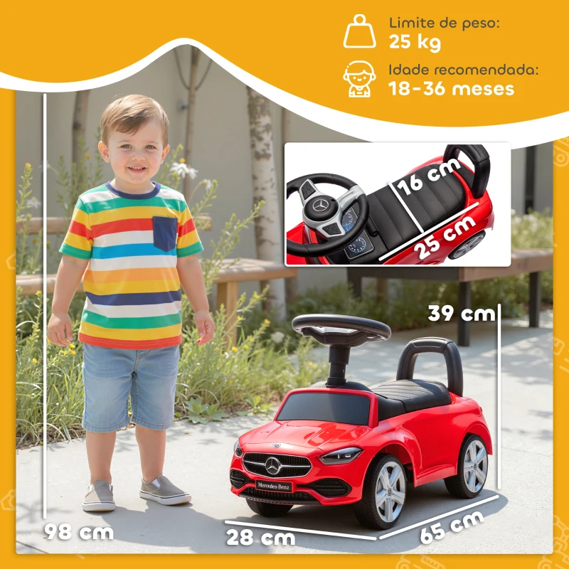 AIYAPLAY Carro Andador para Crianças Mercedes-Benz Classe C com Buzina Volante Sons de Motor e Espaço de Armazenamento 65x28x39 c