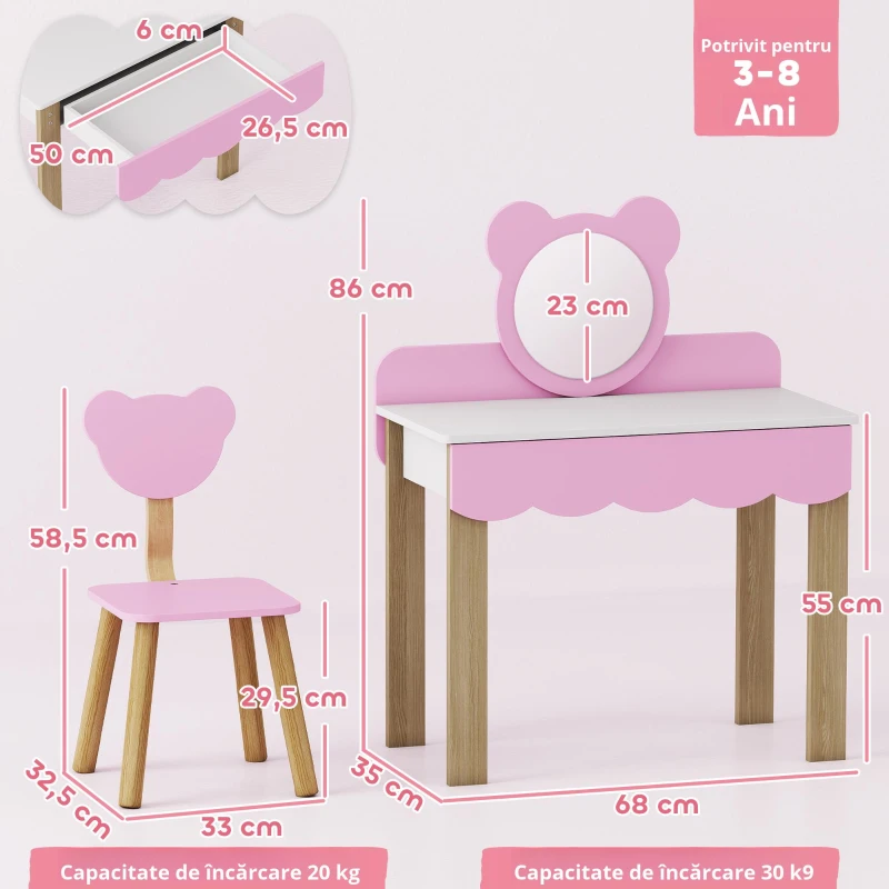 AIYAPLAY Set Masuta Cosmetica cu Scaunel pentru Copii, Oglinda de Machiaj, Forma Ursulet, Sertar, MDF, Roz
