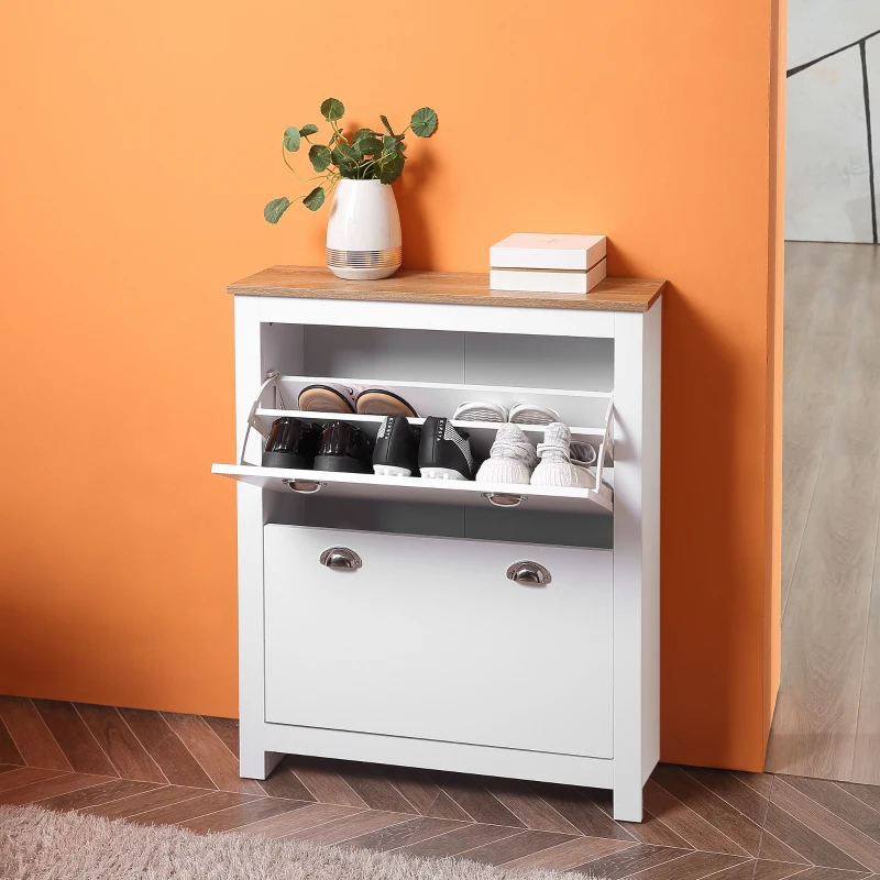 HOMCOM Sapateira Estreita de Entrada com 2 Gavetas Abatíveis Prateleiras Ajustáveis para 12 Pares de Sapatos 79x23x90,5 cm Branco