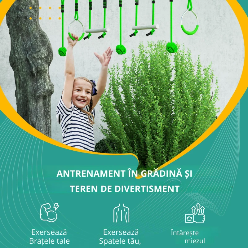 AIYAPLAY Parcurs de obstacole Ninja pentru copii 10 M kit tirolian complet 7 piese încărcare 50 kg, instalare ușoară, verde