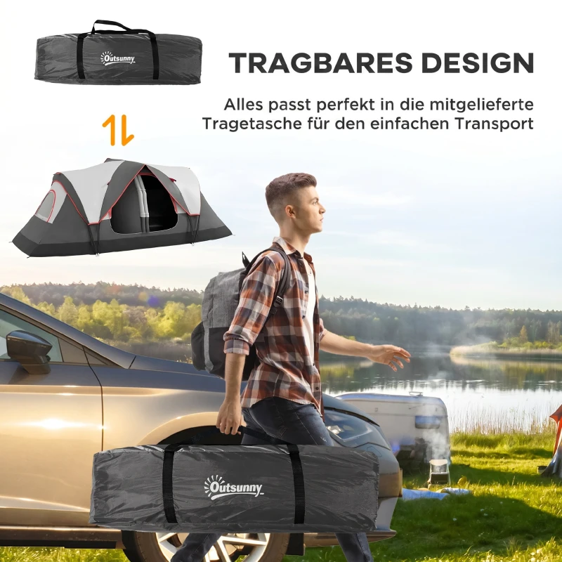 Outsunny campingtent, 2 kamers, scheidingswand, voor 6-8 personen, regendekking, grijs