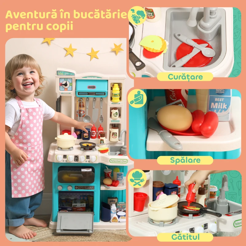 AIYAPLAY Bucătărie de jucărie pentru copii 3-6 ani cu 92 de accesorii din PP, PE și ABS, 44,5x24x79 cm, verde