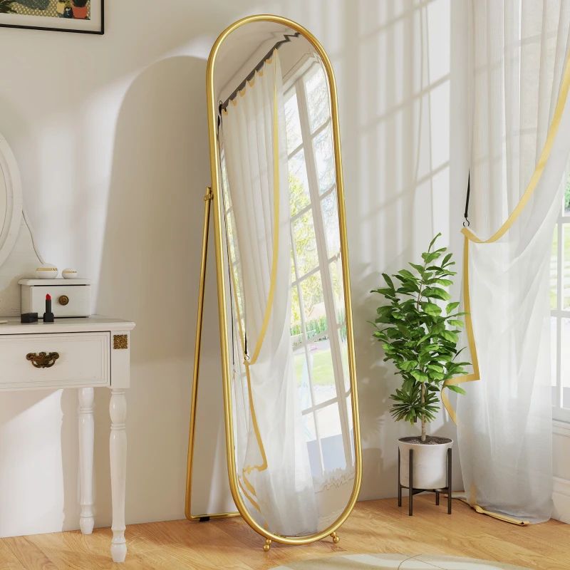 HOMCOM Espelho de Corpo Inteiro Formato Oval Autoportante Armação Metálica 50x180 cm Dourado